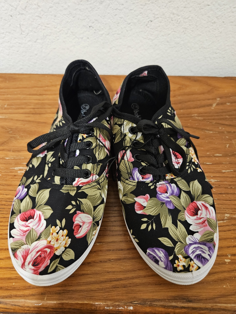 Bobbie Brooks Black Floral Sneaker Shoe with Pink and Yellow Blooms